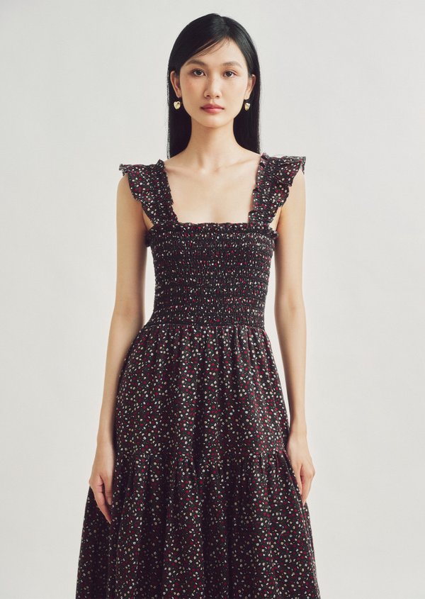 Hilton Midi Dress - Flowermarket In Midnight
