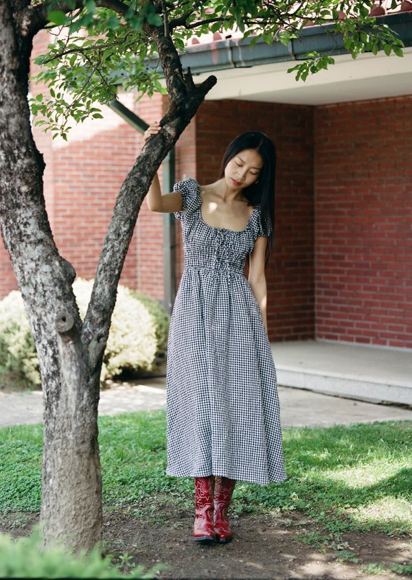 Mia Midi Dress - Dark Navy Checked