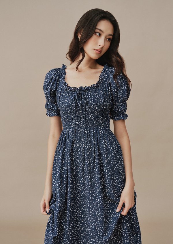 April Midaxi Dress - Pansy In Blue Shadow