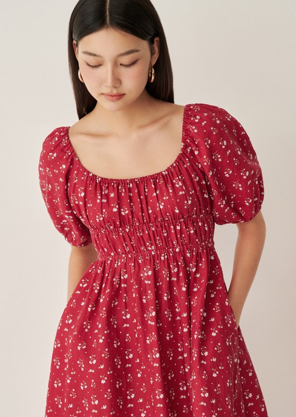 Katharine Midi Dress - Paperwhites in Chérie Rouge